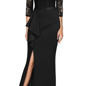 Black Lace Bodice & Ruffle Side-Slit Evening Gown